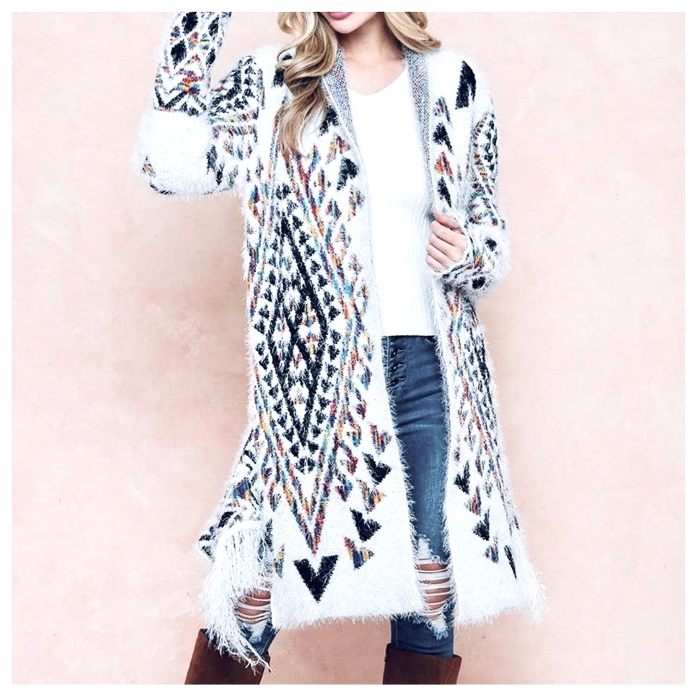 #19 Boho Aztec Long Sleeve Open Drape Front Cardigan Fringe detail - Picture 3 of 5